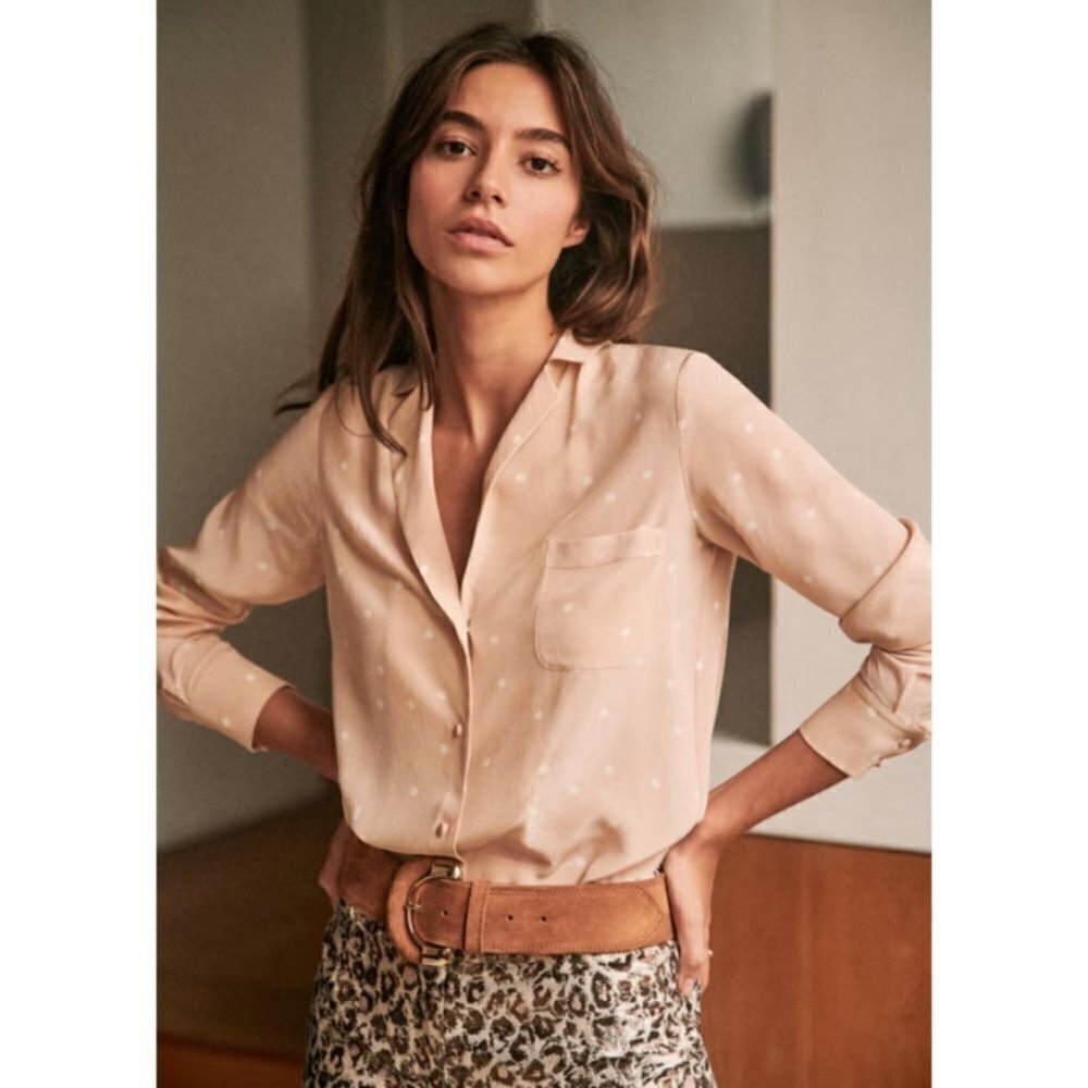 💕SEZANE💕 Florence 100% Silk Blouse ~ Nude with Ecru Polka Dot Print 40